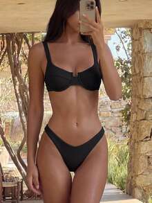 Elavelle Summer Beach Rib Bikini Set Underwire Bra & High Cut Bottom 2 Piece Bathing Suit - Black - View 3