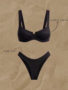 Elavelle Summer Beach Rib Bikini Set Underwire Bra & High Cut Bottom 2 Piece Bathing Suit - Black - View 2