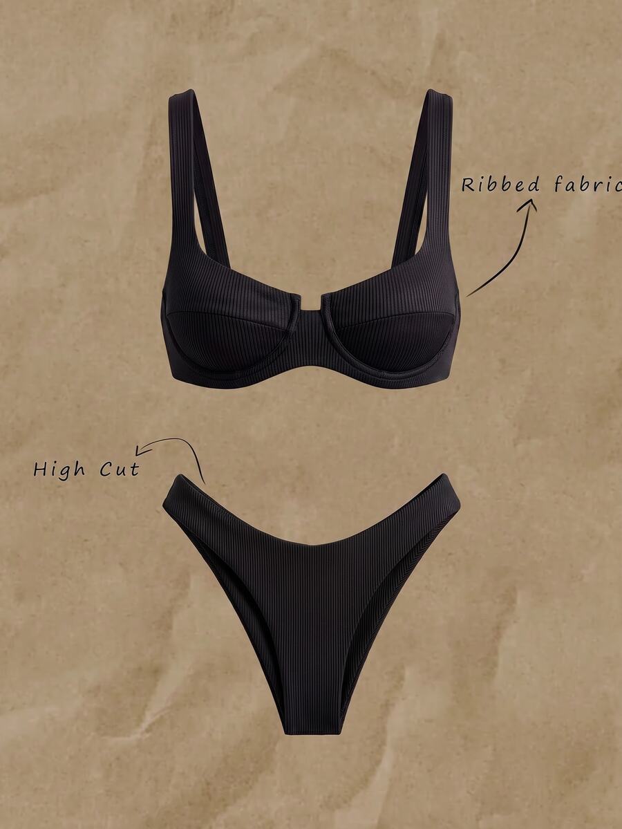 Elavelle Summer Beach Rib Bikini Set Underwire Bra & High Cut Bottom 2 Piece Bathing Suit