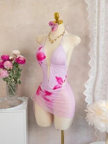 Costavie Bonvoyette 新款女士优雅浪漫粉彩两件式比基尼套装，花卉印花挂脖两件式泳衣，搭配透视网纱罩衫迷你裙，饰以粉紫色百合印花，深V领点缀象牙色/奶油色珍珠，腰部褶皱设计，可调节挂脖肩带，是热带夏季海滩度假、泳池派对和浪漫度假村之旅的完美之选，尽显海岛风情和摩登气息。 - 粉色 - 查看 4