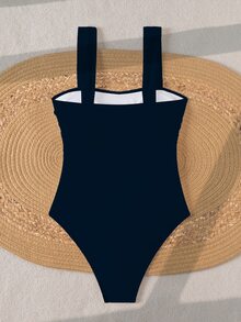 Swim Basics Springbreak 女士纯色褶皱肩带极简连体泳衣，节日波西米亚风 - 藏蓝色 - 查看 3