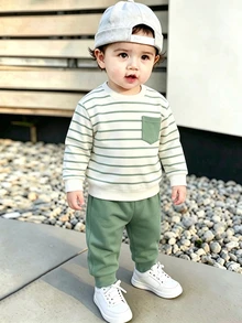 男嬰拼色條紋假口袋圓領衛衣，韓系簡約男童休閒套頭衫，時尚幼兒外出上衣，清新風格兒童日常穿搭，百搭經典小男孩秋季上衣，吸睛時尚童裝套頭衫，熱門嬰兒街頭風百搭上衣 - 彩色 - 查看 1