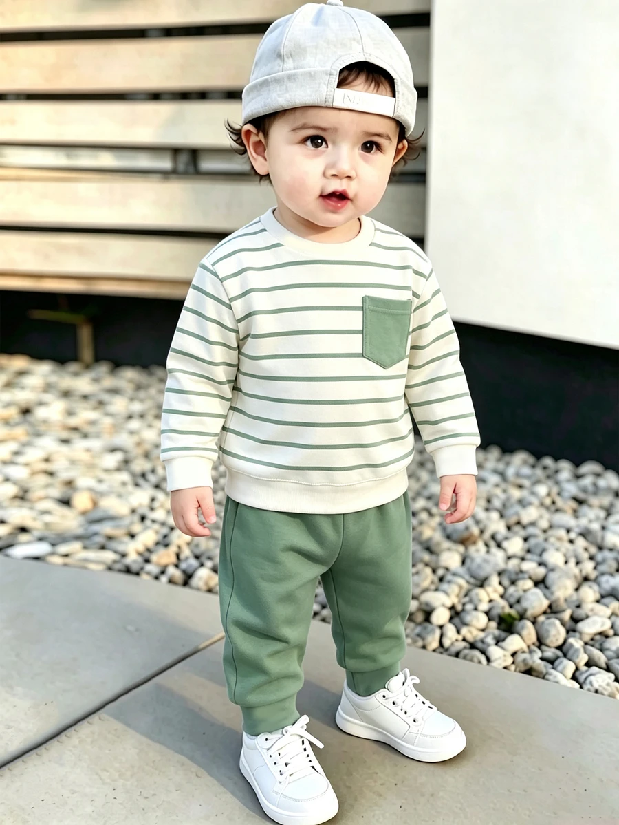 男嬰拼色條紋假口袋圓領衛衣,韓系簡約男童休閒套頭衫,時尚幼兒外出上衣,清新風格兒童日常穿搭,百搭經典小男孩秋季上衣,吸睛時尚童裝套頭衫,熱門嬰兒街頭風百搭上衣 - 彩色 - 查看 1