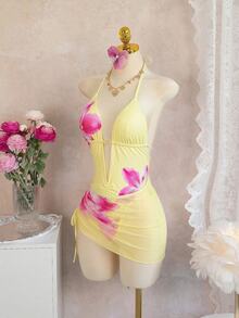 Swim Glamine 女款 2 件式花卉印花比基尼套裝，掛脖 V 領泳衣搭配透視網紗迷你裙，黃色，夏季休閒沙灘度假泳裝 - 黃色 - 查看 6