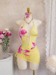 Swim Glamine 女款 2 件式花卉印花比基尼套裝，掛脖 V 領泳衣搭配透視網紗迷你裙，黃色，夏季休閒沙灘度假泳裝 - 黃色 - 查看 4