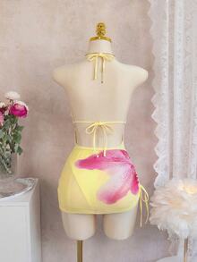 Swim Glamine 女款 2 件式花卉印花比基尼套裝，掛脖 V 領泳衣搭配透視網紗迷你裙，黃色，夏季休閒沙灘度假泳裝 - 黃色 - 查看 3
