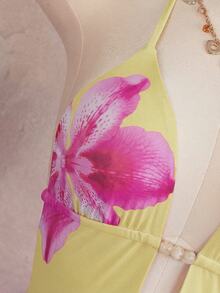 Swim Glamine 女款 2 件式花卉印花比基尼套裝，掛脖 V 領泳衣搭配透視網紗迷你裙，黃色，夏季休閒沙灘度假泳裝 - 黃色 - 查看 7