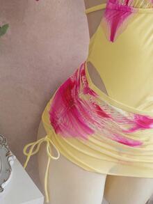 Swim Glamine 女款 2 件式花卉印花比基尼套裝，掛脖 V 領泳衣搭配透視網紗迷你裙，黃色，夏季休閒沙灘度假泳裝 - 黃色 - 查看 8