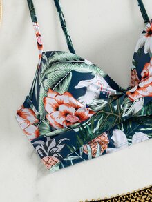 Swim Lushoire 女款夏季海灘花卉印花掛脖綁帶性感比基尼三角褲兩件式泳衣套裝 - 彩色 - 查看 7