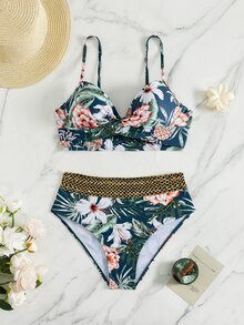 Swim Lushoire 女款夏季海灘花卉印花掛脖綁帶性感比基尼三角褲兩件式泳衣套裝 - 彩色 - 查看 5