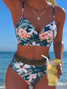 Swim Lushoire 女款夏季海灘花卉印花掛脖綁帶性感比基尼三角褲兩件式泳衣套裝 - 彩色 - 查看 4