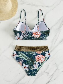 Swim Lushoire 女款夏季海灘花卉印花掛脖綁帶性感比基尼三角褲兩件式泳衣套裝 - 彩色 - 查看 6