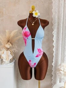Costavie Bonvoyette 新款女款優雅時尚浪漫馬卡龍色 2 件式粉色比基尼套裝，花卉印花 - 藍色 - 查看 6