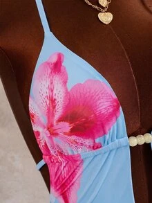 Costavie Bonvoyette 新款女款優雅時尚浪漫馬卡龍色 2 件式粉色比基尼套裝，花卉印花 - 藍色 - 查看 7