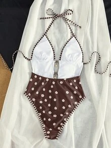 Bonvoyette 法式度假风女士连体泳衣，棕白撞色碎花格纹，挂脖系带露背高腰连体裤，法式度假风，春季，复活节，海滩写真，时尚百搭 - 棕色 - 查看 5