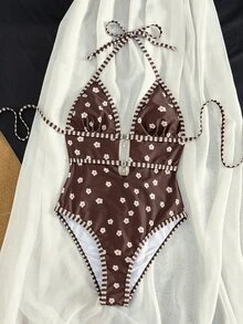 Bonvoyette 法式度假风女士连体泳衣，棕白撞色碎花格纹，挂脖系带露背高腰连体裤，法式度假风，春季，复活节，海滩写真，时尚百搭 - 棕色 - 查看 6