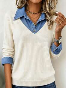 Zayélia Women's 2026 Spring/Autumn Denim Effect Patchwork Collared Long Sleeve Top - Beige - View 3