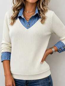Zayélia Women's 2026 Spring/Autumn Denim Effect Patchwork Collared Long Sleeve Top - Beige - View 7