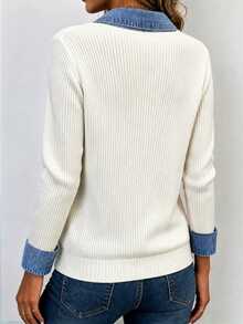 Zayélia Women's 2026 Spring/Autumn Denim Effect Patchwork Collared Long Sleeve Top - Beige - View 2
