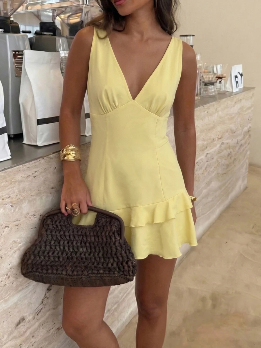 Celisse Asymmetrical Ruffle Hem, V-Neck Tank Dress, Summer Design, Fitted Yellow Sleeveless Short Dress - Yellow - View 1