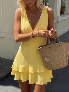 Celisse Asymmetrical Ruffle Hem, V-Neck Tank Dress, Summer Design, Fitted Yellow Sleeveless Short Dress - Yellow - View 4