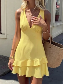 Celisse Asymmetrical Ruffle Hem, V-Neck Tank Dress, Summer Design, Fitted Yellow Sleeveless Short Dress - Yellow - View 6
