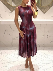 SHEIN Lunessa 紮染無袖中長洋裝 度假風 2合1洋裝 - 酒紅色 - 查看 4