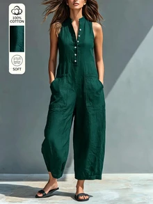 Hotletica 女款純色鈕扣半開襟休閒無袖高級時尚通勤連身褲 - 綠色 - 查看 4