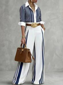 Lunelith SHEIN Lunessa Gestreiftes Marineblau Pendler Elegant Büro Alltag Lockerer Schnitt 3/4 Ärmel Hemd Und Lange Hose 2 Teile Set Frühling Sommer Herbst Reife Weiblich Farbblock Hose Mit Taschen Körperfreundlich Für Veranstaltungen Soziale Feiertage Ausstellung Lehrerin Anwältin - marineblau - Übersicht 4