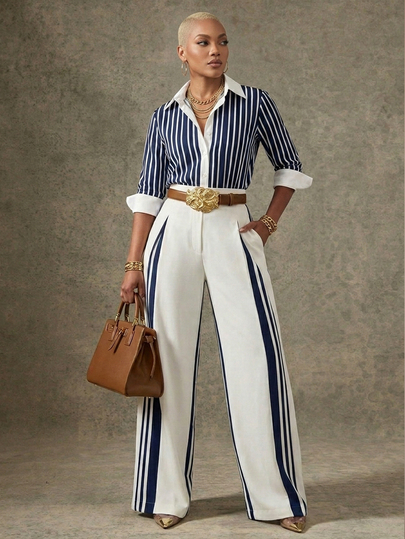 Lunelith SHEIN Lunessa Striped Navy Blue Commuter Elegant Office Daily Loose Fit 3/4 Sleeve Shirt And Long Trousers 2 Pieces Set Spring Summer Autumn Mature Feminine Color Block Pants With Pockets Body Friendly For Events Social Holiday Exhibition Teacher Lawyer