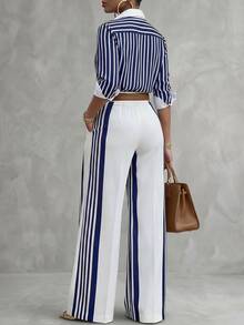 Lunelith SHEIN Lunessa Gestreiftes Marineblau Pendler Elegant Büro Alltag Lockerer Schnitt 3/4 Ärmel Hemd Und Lange Hose 2 Teile Set Frühling Sommer Herbst Reife Weiblich Farbblock Hose Mit Taschen Körperfreundlich Für Veranstaltungen Soziale Feiertage Ausstellung Lehrerin Anwältin - marineblau - Übersicht 2