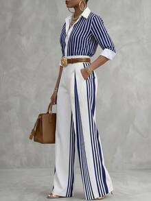 Lunelith SHEIN Lunessa Gestreiftes Marineblau Pendler Elegant Büro Alltag Lockerer Schnitt 3/4 Ärmel Hemd Und Lange Hose 2 Teile Set Frühling Sommer Herbst Reife Weiblich Farbblock Hose Mit Taschen Körperfreundlich Für Veranstaltungen Soziale Feiertage Ausstellung Lehrerin Anwältin - marineblau - Übersicht 3