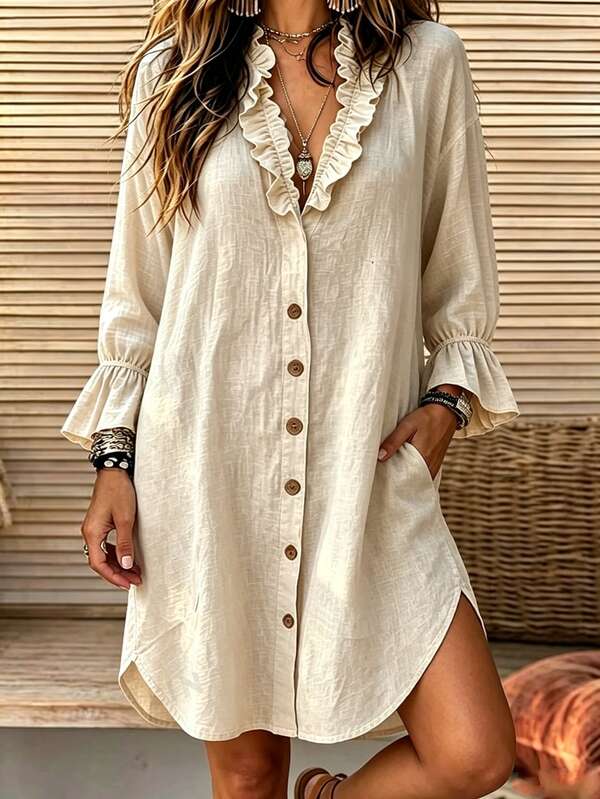 Zayélia Women's Solid Color Frill Trim V-Neck Single-Breasted Casual Dress