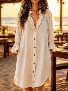 Holdful Holdful Women's Solid Color Frill Trim V-Neck Single-Breasted Casual Boho Dress Vacation Beige Summer - Apricot - View 4
