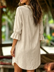 Holdful Holdful Women's Solid Color Frill Trim V-Neck Single-Breasted Casual Boho Dress Vacation Beige Summer - Apricot - View 3