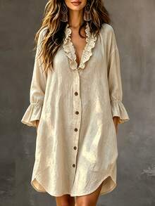 Holdful Holdful Women's Solid Color Frill Trim V-Neck Single-Breasted Casual Boho Dress Vacation Beige Summer - Apricot - View 5