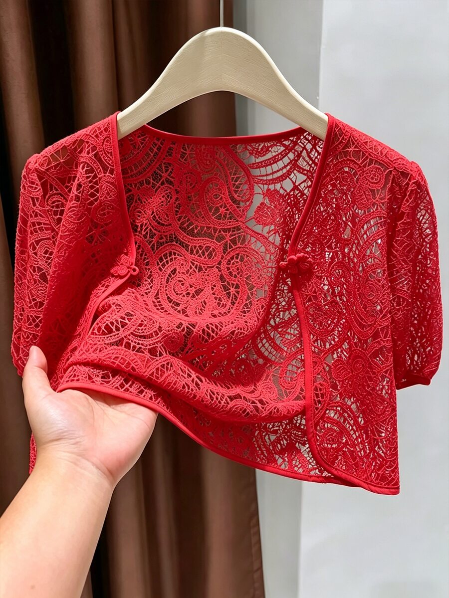 Franclia Women's Designer Lace Frog Button Short Sleeve Jacket - Burgundy - View 1