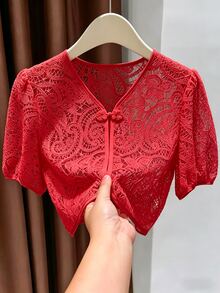 Franclia Women's Designer Lace Frog Button Short Sleeve Jacket - Burgundy - View 6