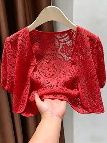 Franclia Women's Designer Lace Frog Button Short Sleeve Jacket - Burgundy - View 3