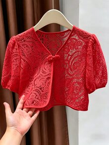 Franclia Women's Designer Lace Frog Button Short Sleeve Jacket - Burgundy - View 5