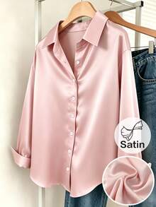 RosyDaze Women's Solid Color Single-Breasted Casual Versatile Everyday Shirt - Pink - View 1
