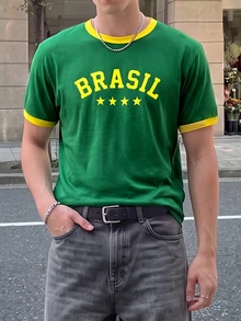 Manfinity Dauomo 男款綠黃拼色巴西足球運動元素與字母印花圖案，拼色拼接短袖巴西球衣 巴西球衣足球T恤 男款巴西足球衫 巴西T恤足球 - 彩色 - 查看 5