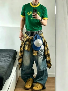 Manfinity Dauomo 男款綠黃拼色巴西足球運動元素與字母印花圖案，拼色拼接短袖巴西球衣 巴西球衣足球T恤 男款巴西足球衫 巴西T恤足球 - 彩色 - 查看 3