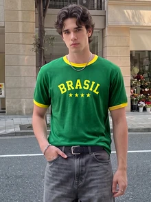 Manfinity Dauomo 男款綠黃拼色巴西足球運動元素與字母印花圖案，拼色拼接短袖巴西球衣 巴西球衣足球T恤 男款巴西足球衫 巴西T恤足球 - 彩色 - 查看 9