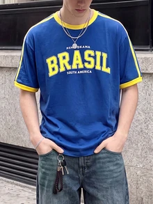 Manfinity Dauomo 巴西 BRASIL 字母印花藍黃配色運動短袖T恤，美式復西地圖與國旗印花寬鬆休閒男款圓領T恤，夏季新款巴西主題藍黃配色運動T恤，Ins熱門美式復西風字母印花寬鬆T恤，街頭風藍黃配色巴西印花休閒短袖Y2K復古運動風BRASIL字母印花寬鬆男款T恤，美式大學風巴西主題配色圓領百搭休閒T恤 - 藍色 - 查看 3