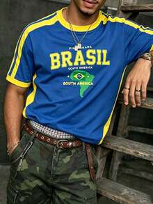 Manfinity Dauomo 巴西 BRASIL 字母印花藍黃配色運動短袖T恤，美式復西地圖與國旗印花寬鬆休閒男款圓領T恤，夏季新款巴西主題藍黃配色運動T恤，Ins熱門美式復西風字母印花寬鬆T恤，街頭風藍黃配色巴西印花休閒短袖Y2K復古運動風BRASIL字母印花寬鬆男款T恤，美式大學風巴西主題配色圓領百搭休閒T恤 - 藍色 - 查看 1