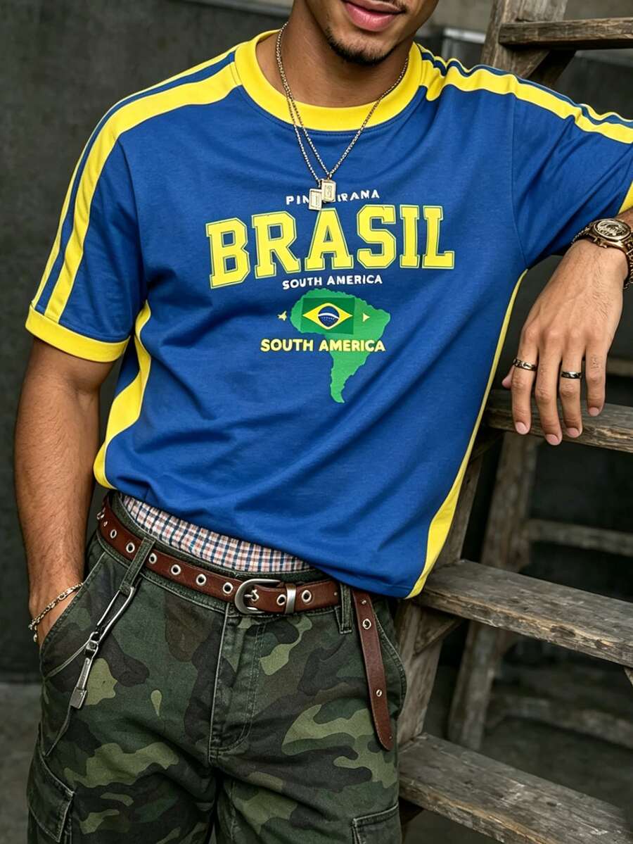 Manfinity Dauomo 巴西 BRASIL 字母印花藍黃配色運動短袖T恤,美式復西地圖與國旗印花寬鬆休閒男款圓領T恤,夏季新款巴西主題藍黃配色運動T恤,Ins熱門美式復西風字母印花寬鬆T恤,街頭風藍黃配色巴西印花休閒短袖Y2K復古運動風BRASIL字母印花寬鬆男款T恤,美式大學風巴西主題配色圓領百搭休閒T恤 - 藍色 - 查看 1