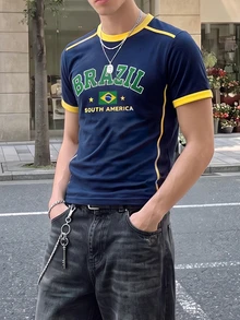 Manfinity Dauomo 男士夏季街頭風酷感足球球衣，巴西字母印花海軍藍短版上衣，巴西風格 - 藏蓝色 - 查看 5