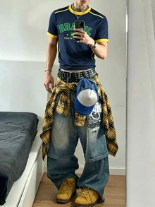 Manfinity Dauomo 男士夏季街頭風酷感足球球衣，巴西字母印花海軍藍短版上衣，巴西風格 - 藏蓝色 - 查看 3