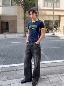 Manfinity Dauomo 男士夏季街頭風酷感足球球衣，巴西字母印花海軍藍短版上衣，巴西風格 - 藏蓝色 - 查看 7